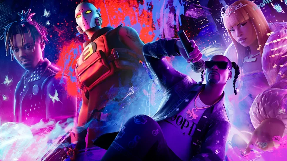 Fortnite concert artwork with colorful performers and game characters surrounding a microphone.