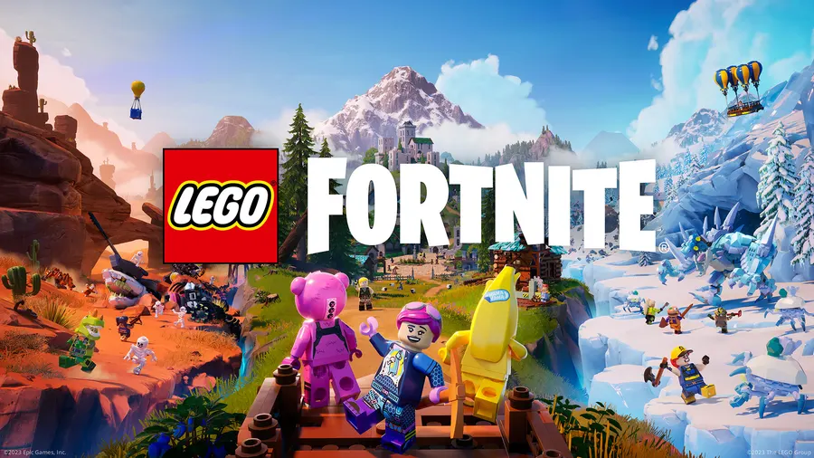 Original LEGO Fortnite key art with the LEGO Fortnite logo across desert, forest, and snowy landscapes.