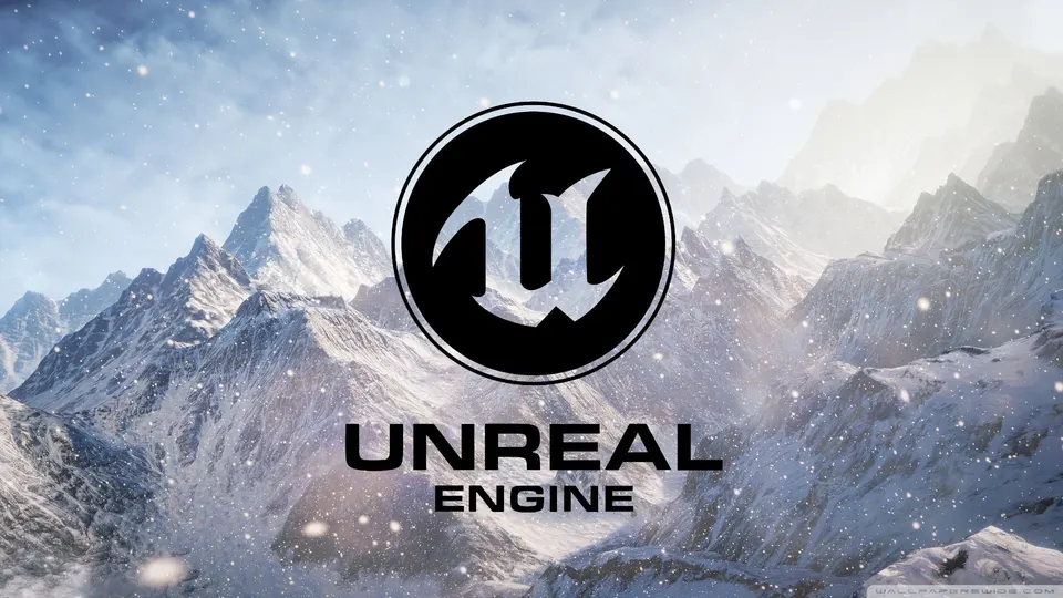 Unreal Engine logo and lettering over snowy mountain scenery.